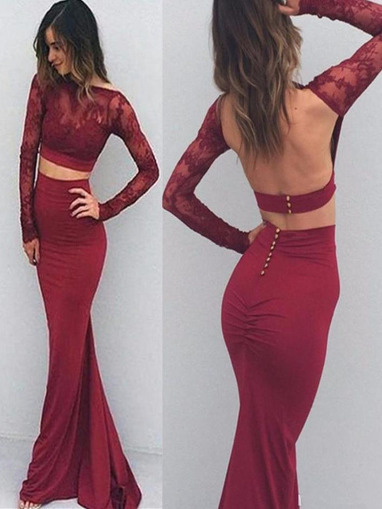 Backless Burgundy Lace Mermaid Dress Sexy Pieces Mermaid