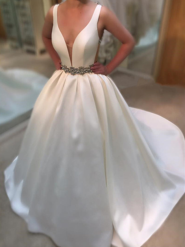 White Deep V Neck Backless Wedding Dress, Deep V Neck Prom Dress, Form jbydress White Deep V Neck Backless Wedding Dress, Deep V Neck Prom Dress, Form jbydress