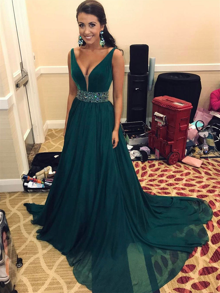 Dark Teal V Neck Prom Dress with Beaded Waistband, Dark Green
