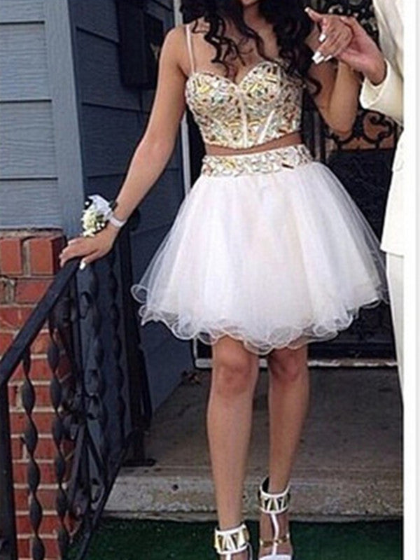 Sweetheart Neck Spaghetti Straps 2 Pieces White and Golden Short Prom jbydress Sweetheart Neck Spaghetti Straps 2 Pieces White and Golden Short Prom jbydress