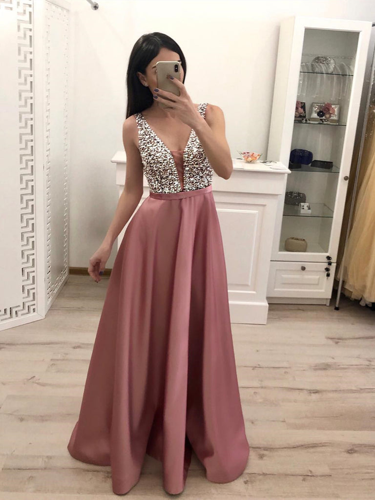 A Line V Neck Burgundy/Pink Floor Length Prom Dresses, Burgundy/Pink L jbydress A Line V Neck Burgundy/Pink Floor Length Prom Dresses, Burgundy/Pink L jbydress