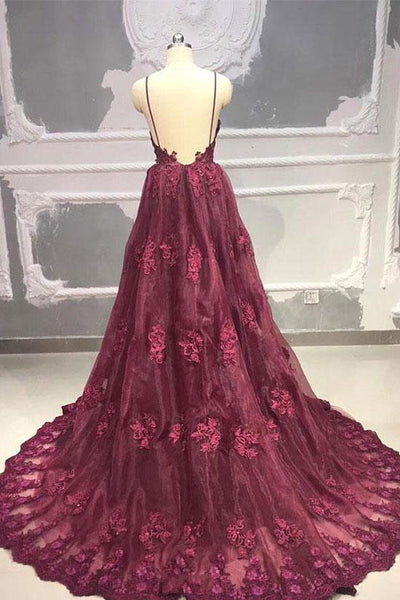 V Neck Burgundy Backless Lace Prom Dresses, Burgundy Backless Lace Evening Dresses