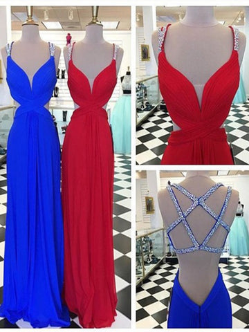 Custom Made Sexy A Line Backless Red/Blue Prom Dresses, Backless Formal Dresses