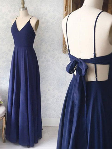 A Line V Neck Navy Blue Backless Prom Dresses, Navy Blue Backless Formal Evening Dresses