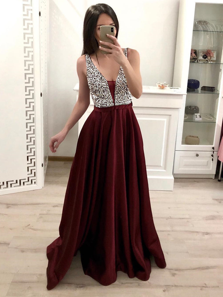 A Line V Neck Burgundy/Pink Floor Length Prom Dresses, Burgundy/Pink L jbydress A Line V Neck Burgundy/Pink Floor Length Prom Dresses, Burgundy/Pink L jbydress