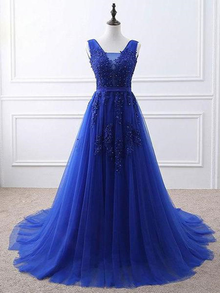 A Line V Neck Royal Blue Lace Prom Dresses, Royal Blue Lace Formal Dresses, Lace Graduation Dresses