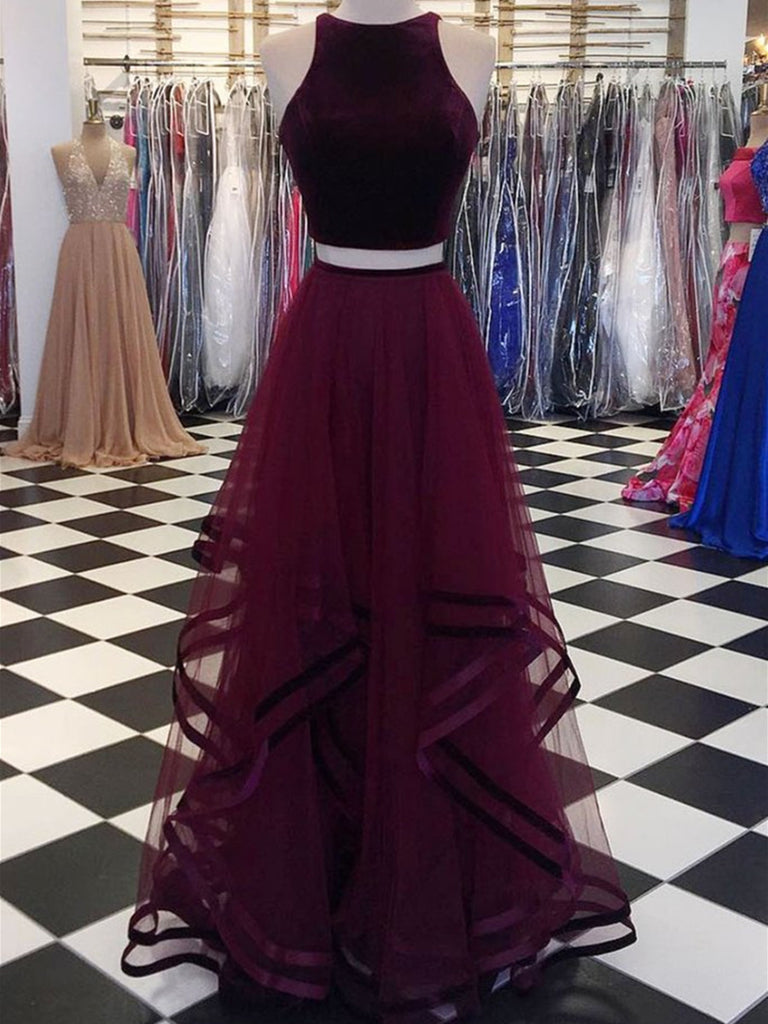 Custom Made Round Neck 2 Pieces Purple Prom Dresses, 2 Pieces Purple F – jbydress