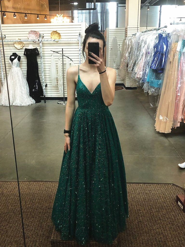 Shiny A Line V Neck Emerald Green Prom Dresses, Green V Neck Formal Gr jbydress Shiny A Line V Neck Emerald Green Prom Dresses, Green V Neck Formal Gr jbydress