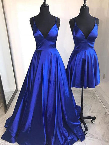 A Line V Neck Blue Prom Dresses, V Neck Blue Evening Formal Graduation Dresses