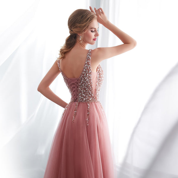 A Line V Neck Pink Tulle Prom Dress with Corset Back, Pink V Neck Formal Dresses, Graduation Dresses