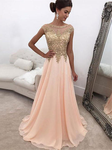 Custom Made A Line Round Neck Pink Chiffon Prom Dress, Pink Formal Dress