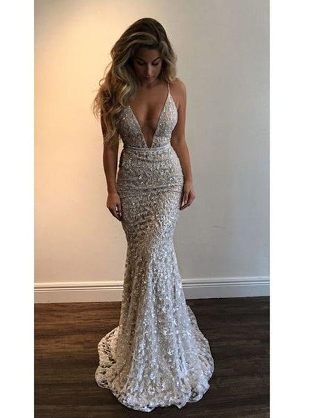 Sexy Trumpet/Mermaid Spaghetti Straps Long Prom Dress, Silver Mermaid Formal/Graduation Dresses