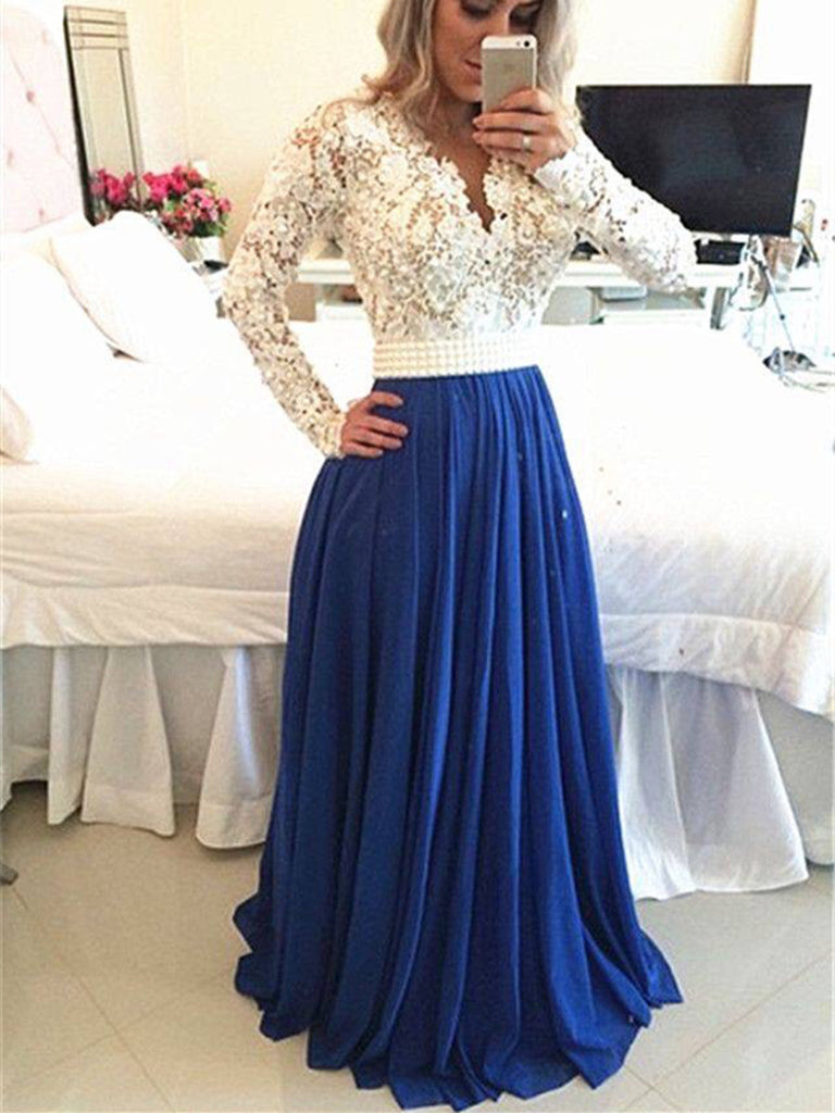 Custom Made A Line Long Sleeves White and Blue Lace Prom Dresses, Lace Formal Dresses