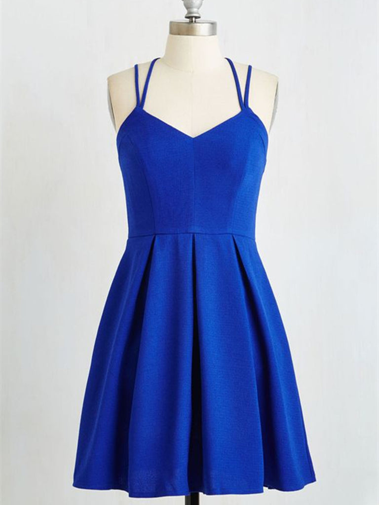 A Line Royal Blue Short Prom Dress with Cross Back, Royal Blue Formal