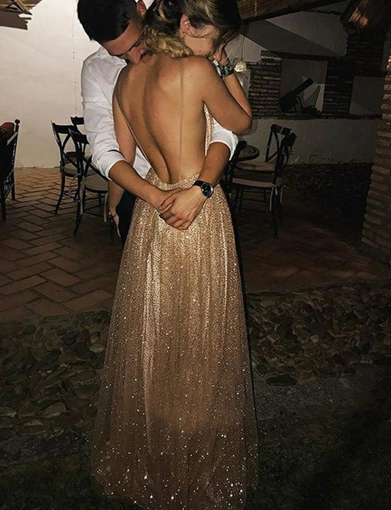 backless champagne dress Charming Sparkly V Neck Split Side Backless Sheath Sequins Champagne Prom Dresses