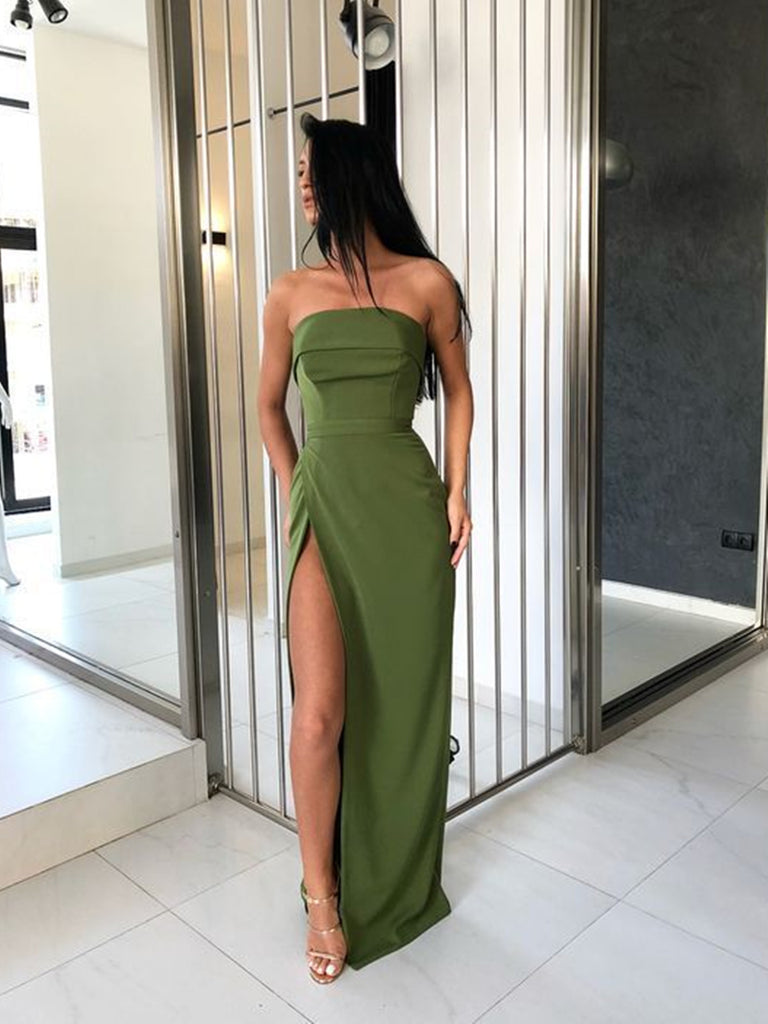 Strapless Green Prom Dresses with High Leg Slit, Green Formal Dresses