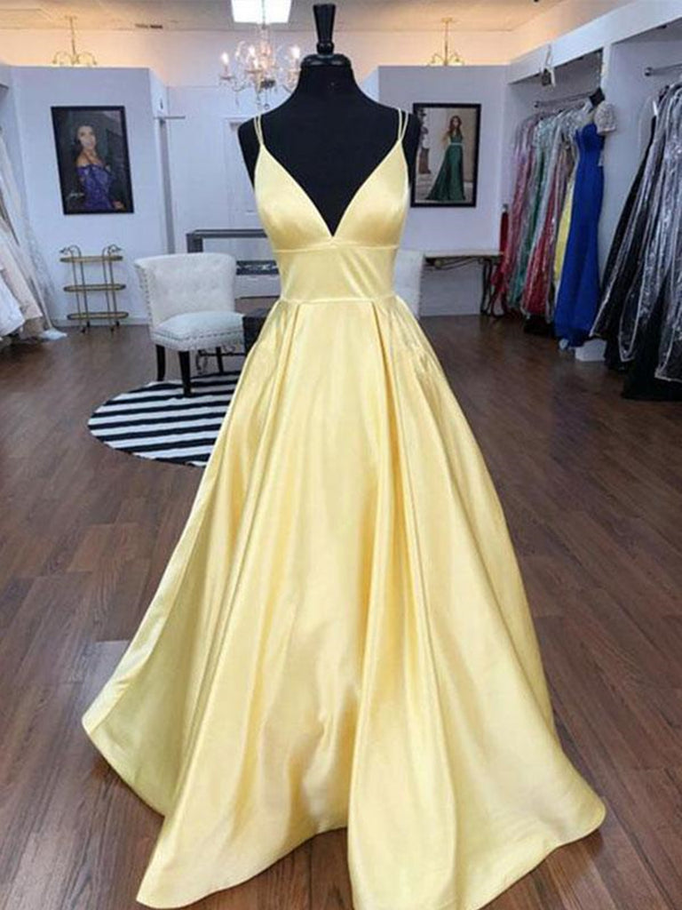 A Line V Neck Floor Length Yellow Prom Dresses, V Neck Long Yellow For jbydress A Line V Neck Floor Length Yellow Prom Dresses, V Neck Long Yellow For jbydress