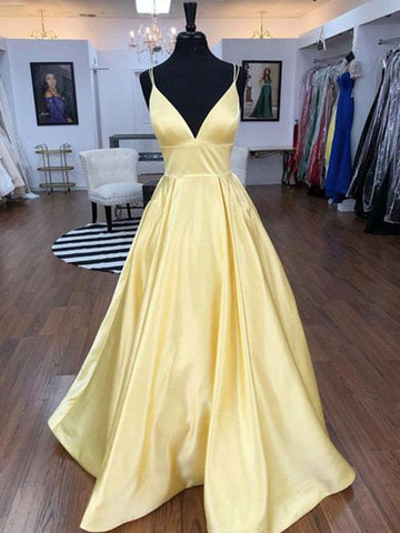 A Line V Neck Floor Length Yellow Prom Dresses, V Neck Long Yellow Formal Graduation Evening Dresses