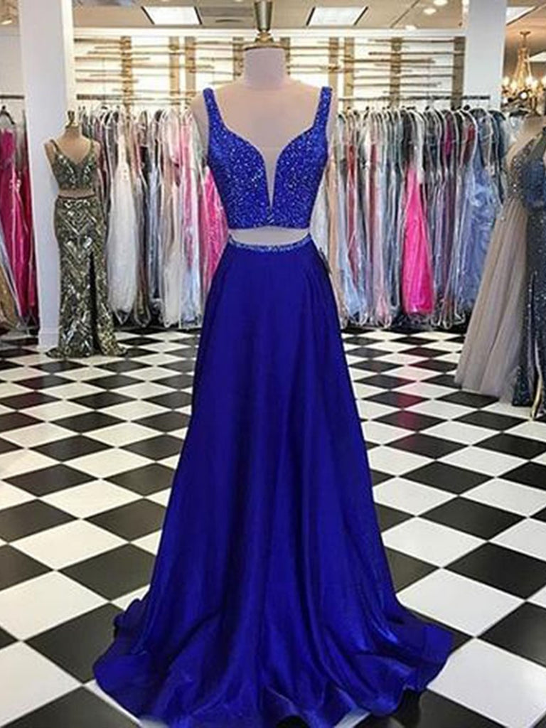 A Line Pieces Royal Blue Beaded Prom Dresses, Royal Blue