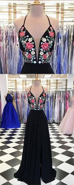 A Line V Neck Black Floral Prom Dresses, Black V Neck Floral Formal Dresses, Evening Dresses