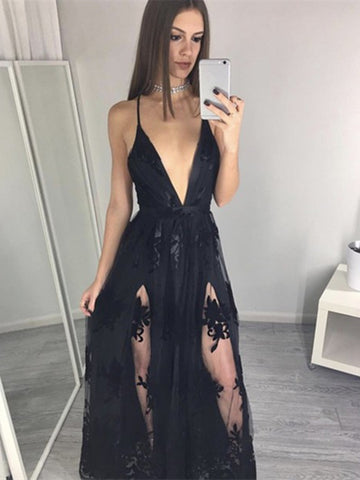 Custom Made A Line V Neck Black Lace Prom Dresses, V Neck Lace Formal Dresses