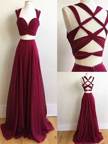 Custom Made Burgundy/Wine Red 2 Pieces Long Prom Dress, 2 Pieces Burgundy/Wine Red Long Formal Dress