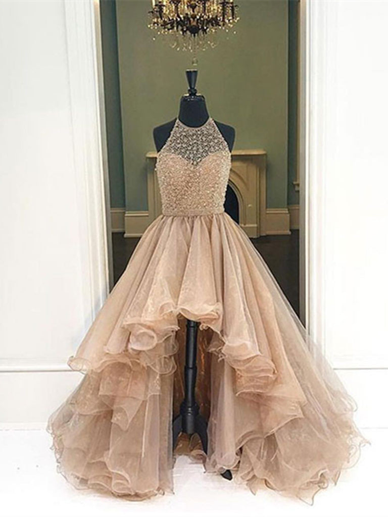 Custom Made Round Neck High Low Champagne Prom Dresses, High Low