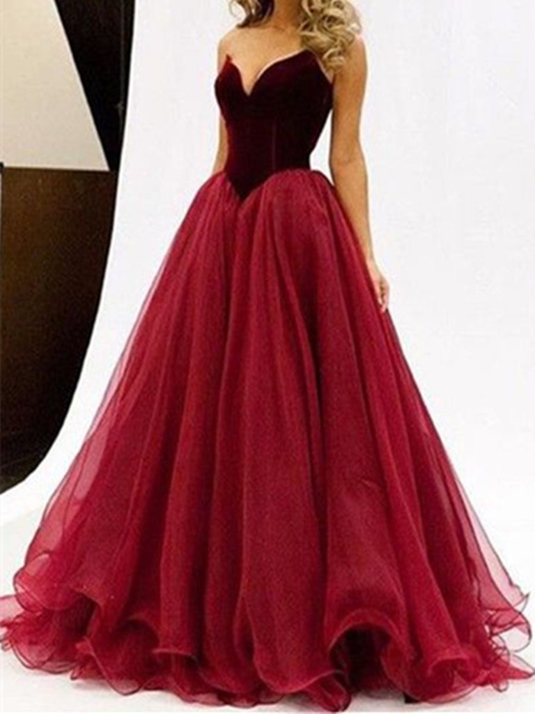 Sweetheart Neck Floor Length Maroon Ball Gown, Maroon Prom Dress, Maroon Formal Dress