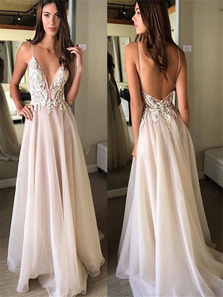 Custom Made A Line V Neck Backless Lace Ivory Prom Dress, Backless For ...