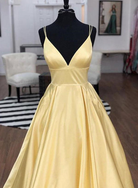 A Line V Neck Floor Length Yellow Prom Dresses, V Neck Long Yellow Formal Graduation Evening Dresses