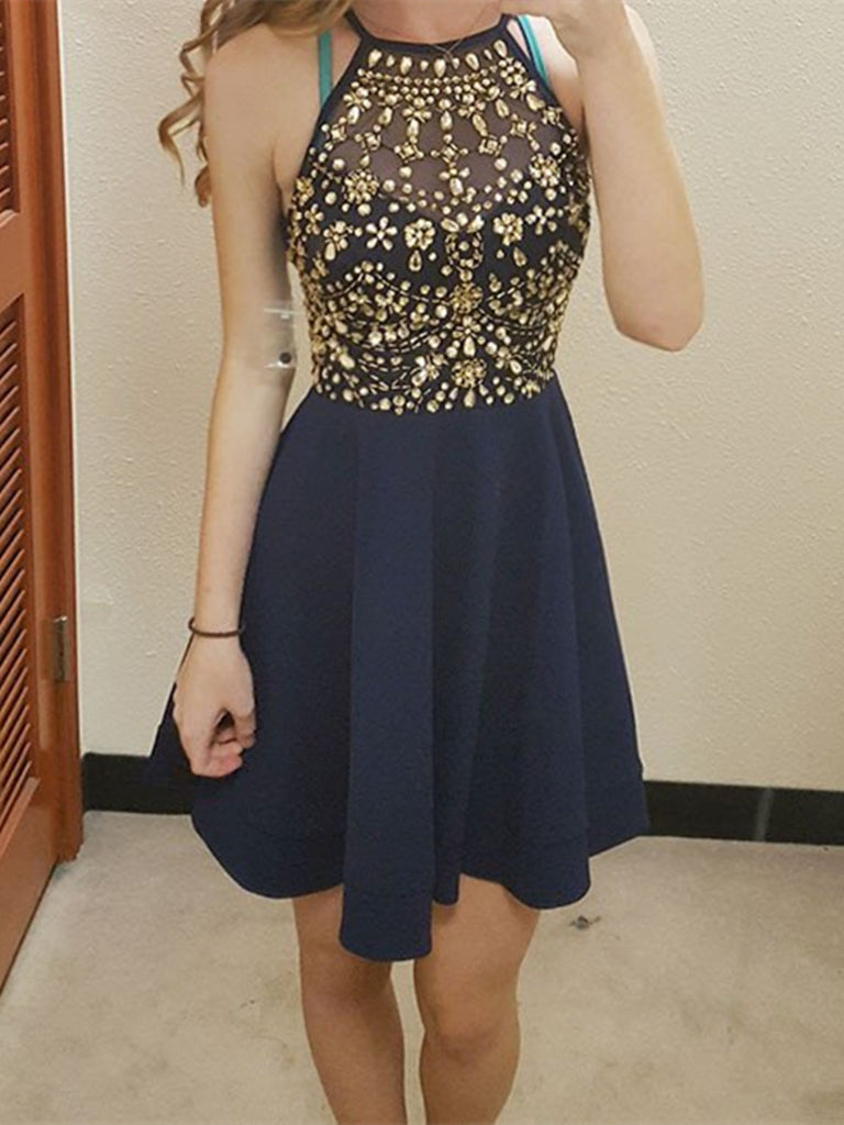 Custom Made Round Neck Short Navy Blue Prom Dresses, Navy Blue Graduat jbydress Custom Made Round Neck Short Navy Blue Prom Dresses, Navy Blue Graduat jbydress