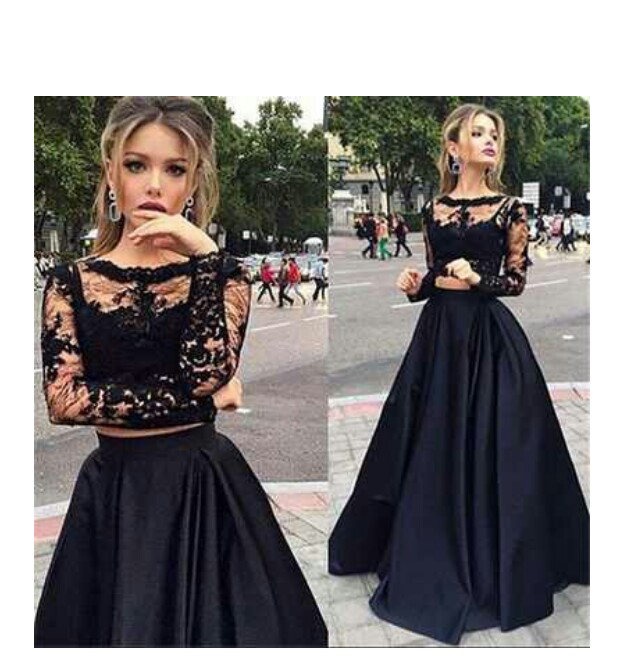 Custom Made Round Neck Long Sleeves 2 Pieces Black Lace Prom Dresses jbydress