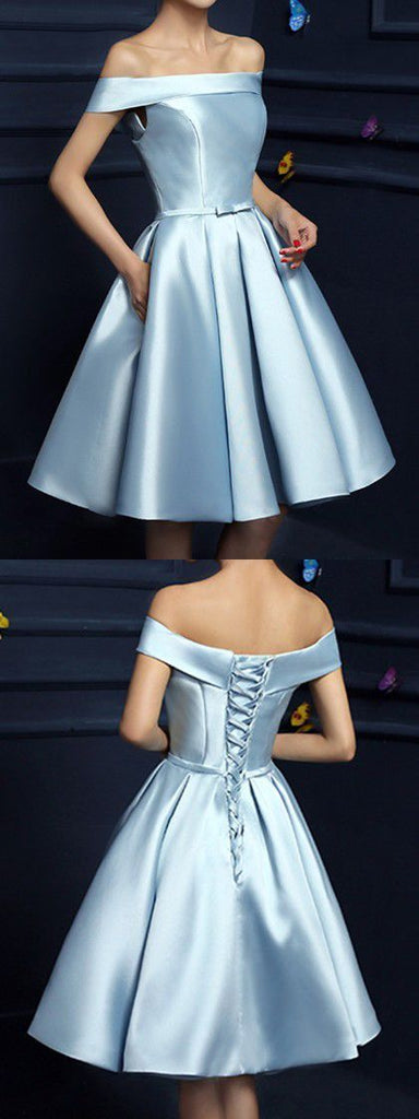 A Line Off Shoulder Light Blue Prom Dresses, Short Blue Graduation Dre
