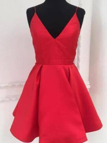 Custom Made A Line V Neck Short Red Prom Dresses, Short V Neck Homecoming Dresses, Red Graduation Dresses