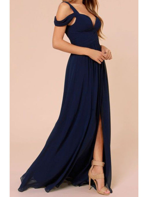 Custom Made A Line Off Shoulder Navy Blue Long Prom Dress, Navy Blue Formal Dress, Bridesmaid Dresses