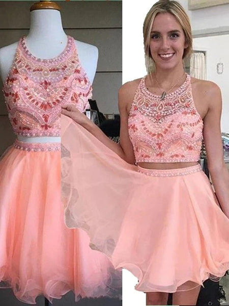 A Line 2 Pieces Round Neck Short Pink Prom Dresses, 2 Pieces Short Pink Homecoming Dresses, Graduation Dresses