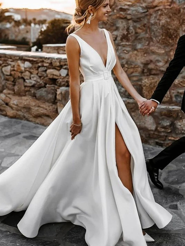 A Line Deep V Neck Ivory Satin Wedding Dresses, V Neck Ivory Satin Pro jbydress A Line Deep V Neck Ivory Satin Wedding Dresses, V Neck Ivory Satin Pro jbydress
