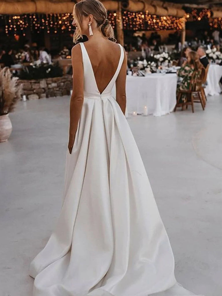 A Line Deep V Neck Ivory Satin Wedding Dresses, V Neck Ivory Satin Pro jbydress A Line Deep V Neck Ivory Satin Wedding Dresses, V Neck Ivory Satin Pro jbydress