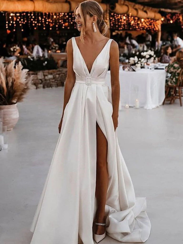 A Line Deep V Neck Ivory Satin Wedding Dresses, V Neck Ivory Satin Pro –  jbydress