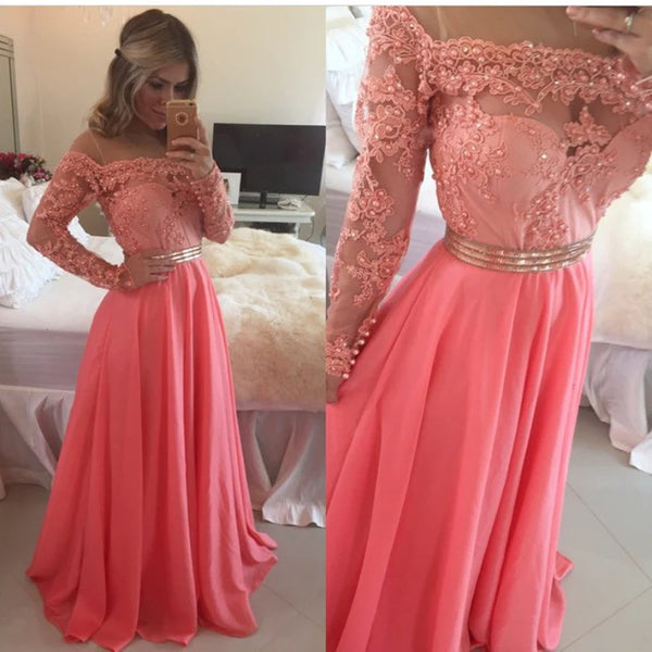 A Line Floor Length Long Sleeves Coral Lace Prom Dress, Coral Lace Bridesmaid/Formal Dresses