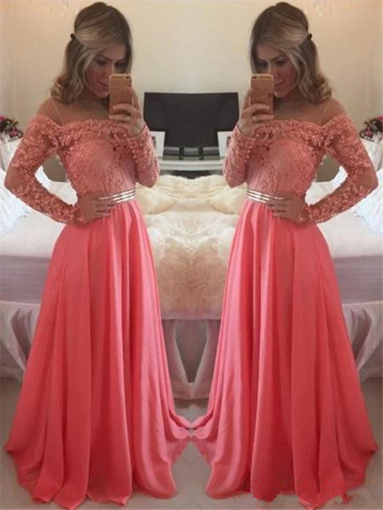 A Line Floor Length Long Sleeves Coral Lace Prom Dress, Coral Lace Bri jbydress A Line Floor Length Long Sleeves Coral Lace Prom Dress, Coral Lace Bri jbydress
