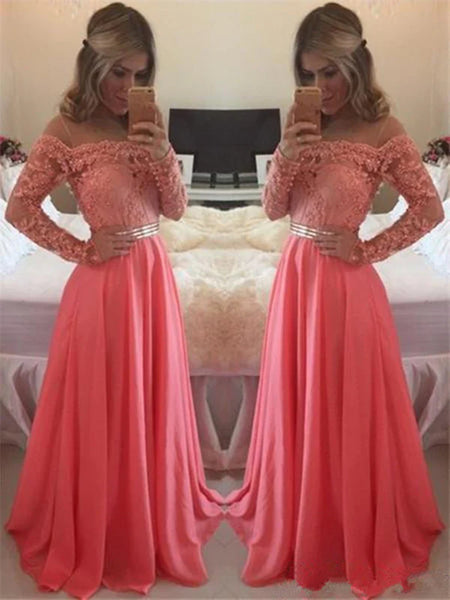 A Line Floor Length Long Sleeves Coral Lace Prom Dress, Coral Lace Bridesmaid/Formal Dresses
