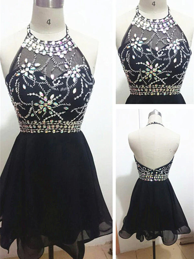 A Line Halter Neck Backless Short Prom Dresses, Black Backless Homecom