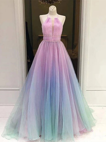 A Line Halter Neck Ombre Long Prom Dresses, Multi Color Ombre Long Formal Evening Dresses