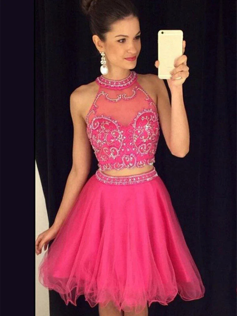 A Line Halter Neck Short 2 Pieces Rose Prom Dress, 2 Pieces Rose Homec jbydress A Line Halter Neck Short 2 Pieces Rose Prom Dress, 2 Pieces Rose Homec jbydress