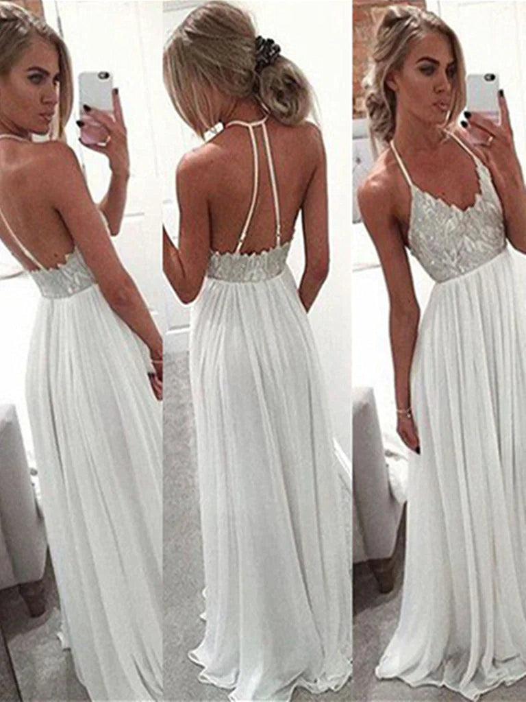 A Line Halter Neck White Backless Floor Length Chiffon Prom Dress, Whi jbydress A Line Halter Neck White Backless Floor Length Chiffon Prom Dress, Whi jbydress