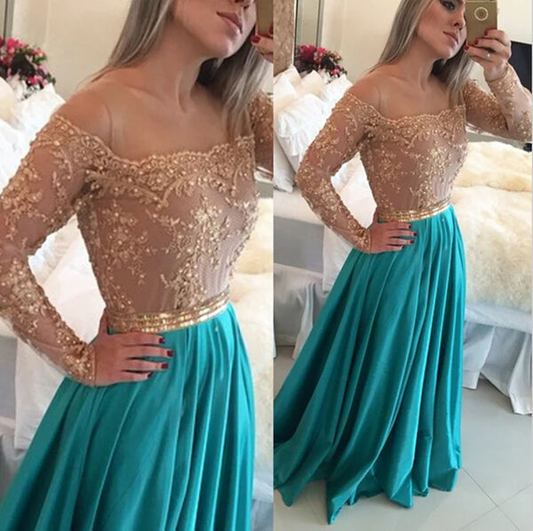 A Line Long Sleeves Champagne and Turquoise Lace Prom Dress, Turquoise Bridesmaid Dress, Lace Formal Dress