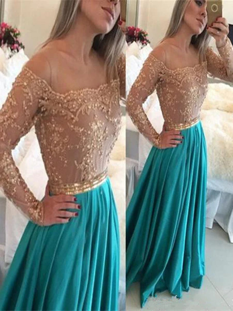 A Line Long Sleeves Champagne and Turquoise Lace Prom Dress, Turquoise – jbydress