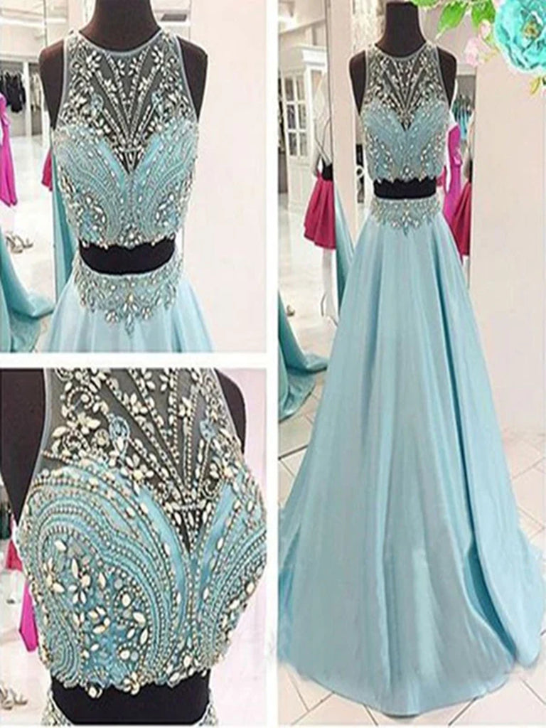 A Line Round Neck 2 Pieces Light Blue Prom Dress, 2 Pieces Formal Dress, Evening Dress