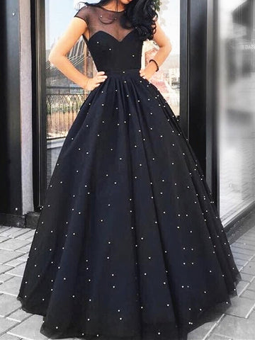A Line Round Neck Black Beaded Long Prom Dresses, Black Beaded Long Formal Evening Dresses
